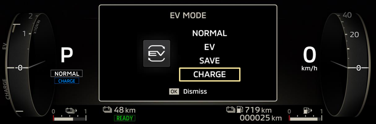 Painel de instrumentos do Outlander PHEV com o modo Carregar bateria selecionado