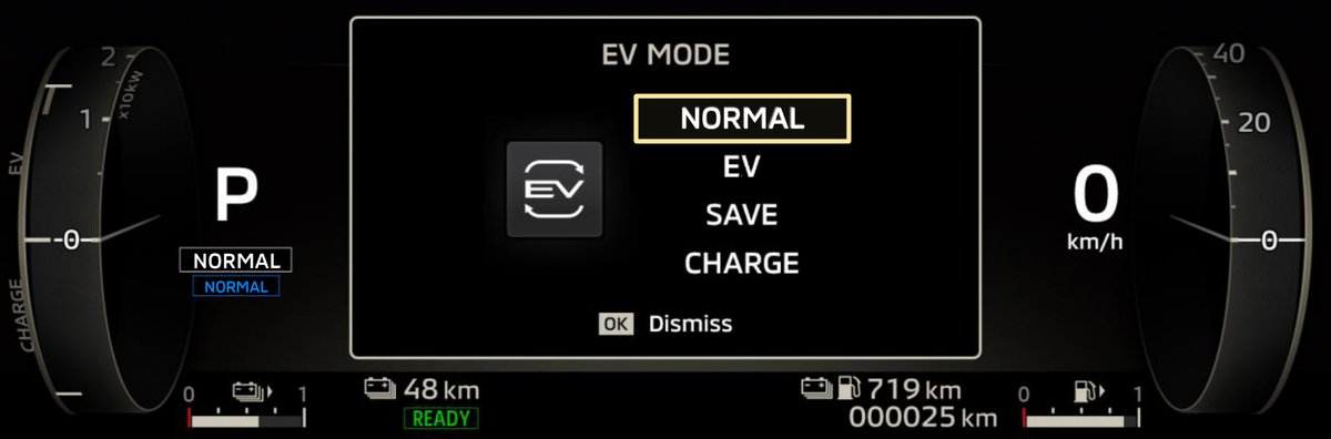 Painel de instrumentos do Outlander PHEV com o modo Normal selecionado