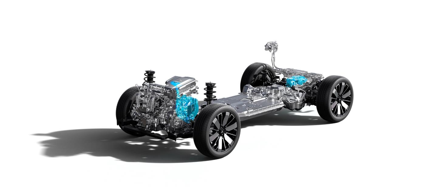 A plataforma do Mitsubishi Outlander PHEV com o motor a gasolina, a bateria e os dois motores elétricos