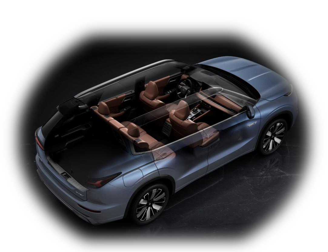 Habitáculo do Mitsubishi Outlander PHEV visto de cima, com os lugares e a bagageira onde ficam as colunas