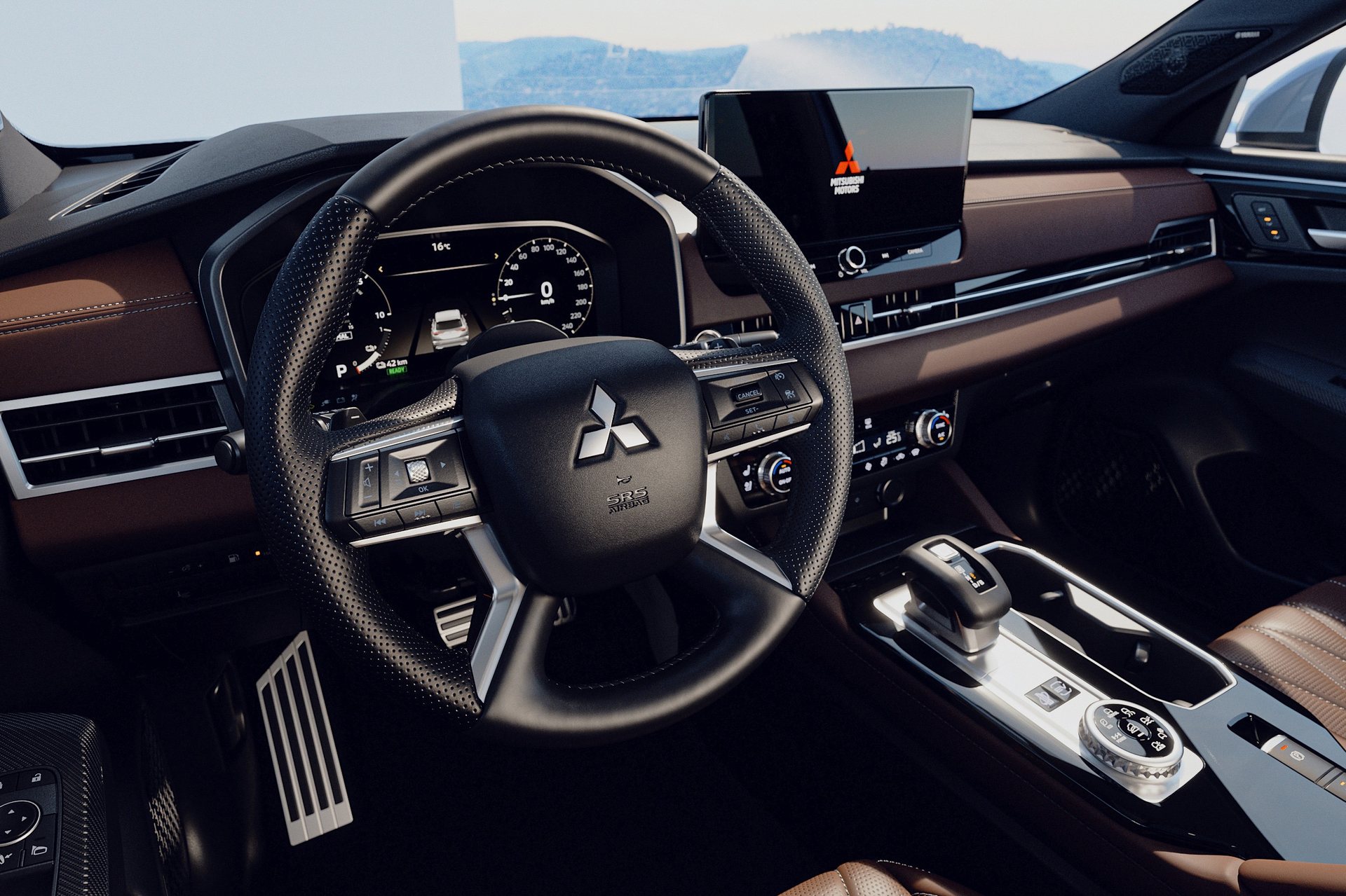 Volante e painel de instrumentos digital do Mitsubishi Outlander PHEV