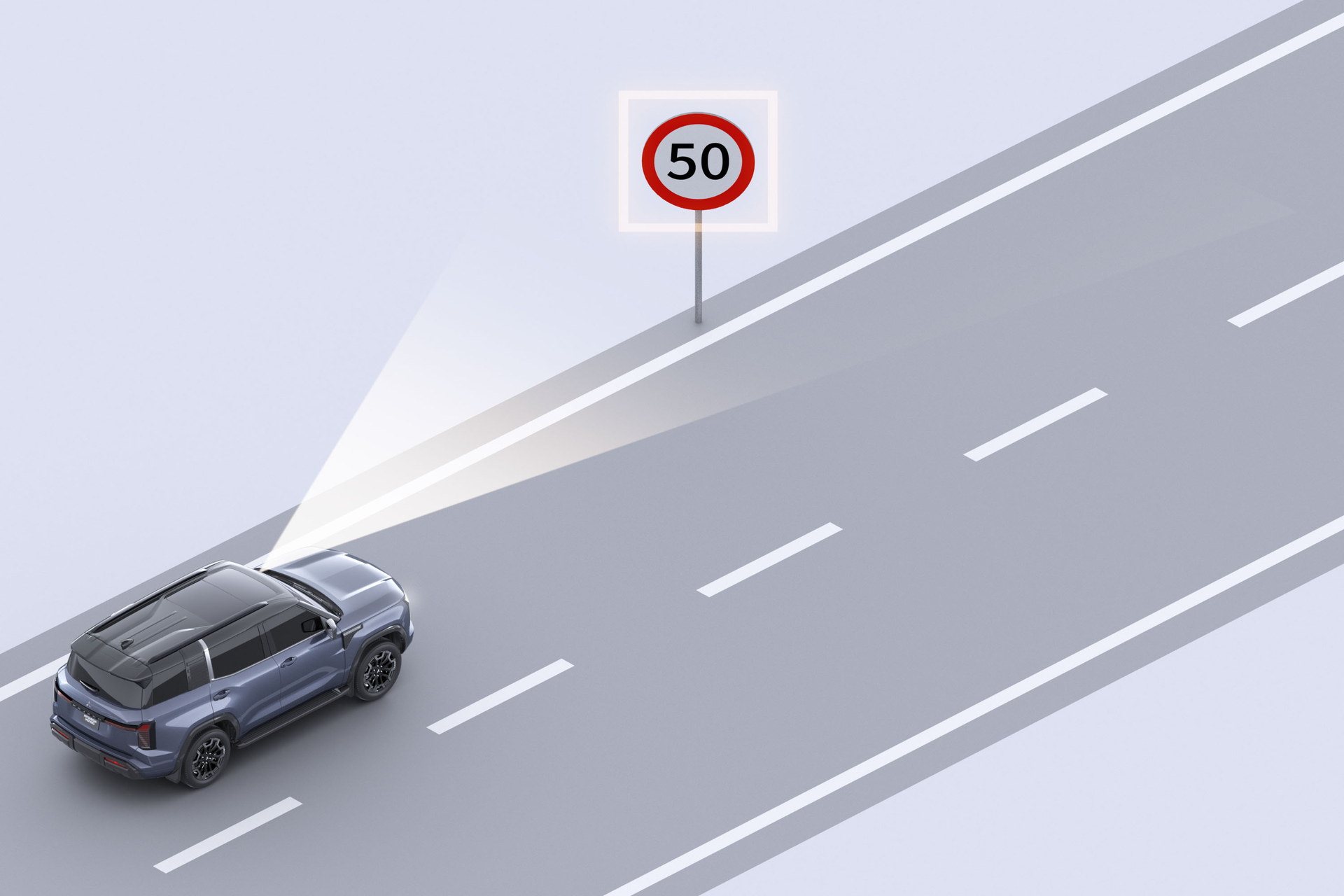 A câmara da frente lê um sinal de limite de velocidade de 50.