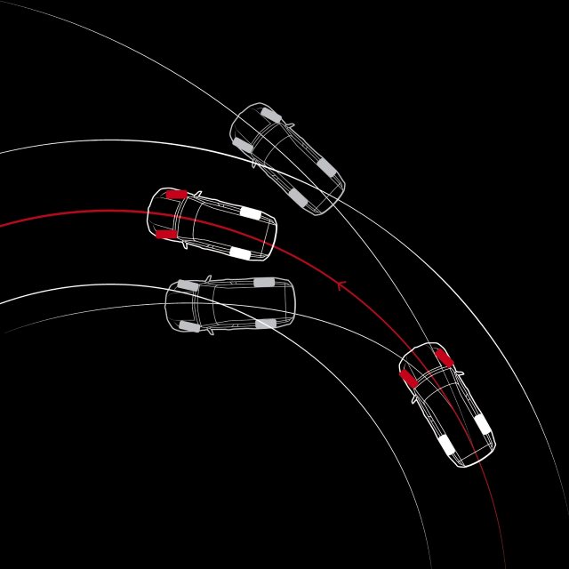 Esquema das trajetórias de um automóvel em curva, com a linha do carro que reparte o binário entre as rodas a passar por dentro da do que o não faz
